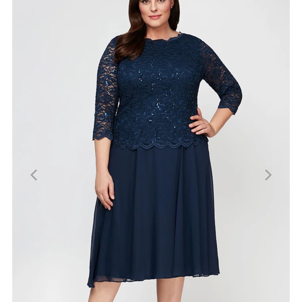Alex Evenings Navy Sequin Lace Tea Length Dress Size 14 Petite